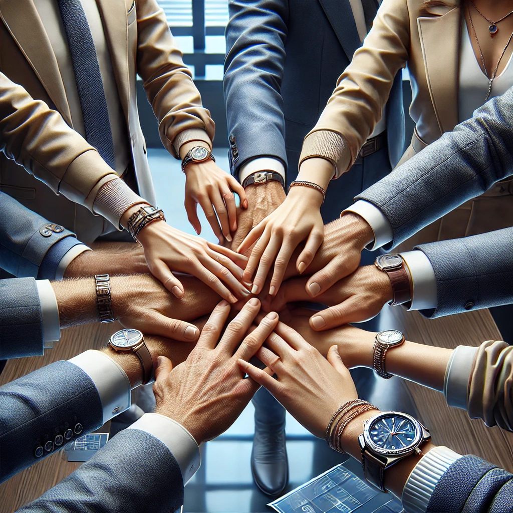 DALL·E 2024-11-02 17.30.05 - An ultra-realistic, exceptionally detailed image of a diverse team of men and women in business attire joining hands in a symbol of unity and teamwork